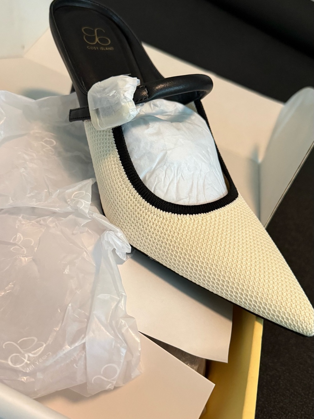 Pointed Ivory Mary Jane Mule with Black Trim by COZY ISLAND